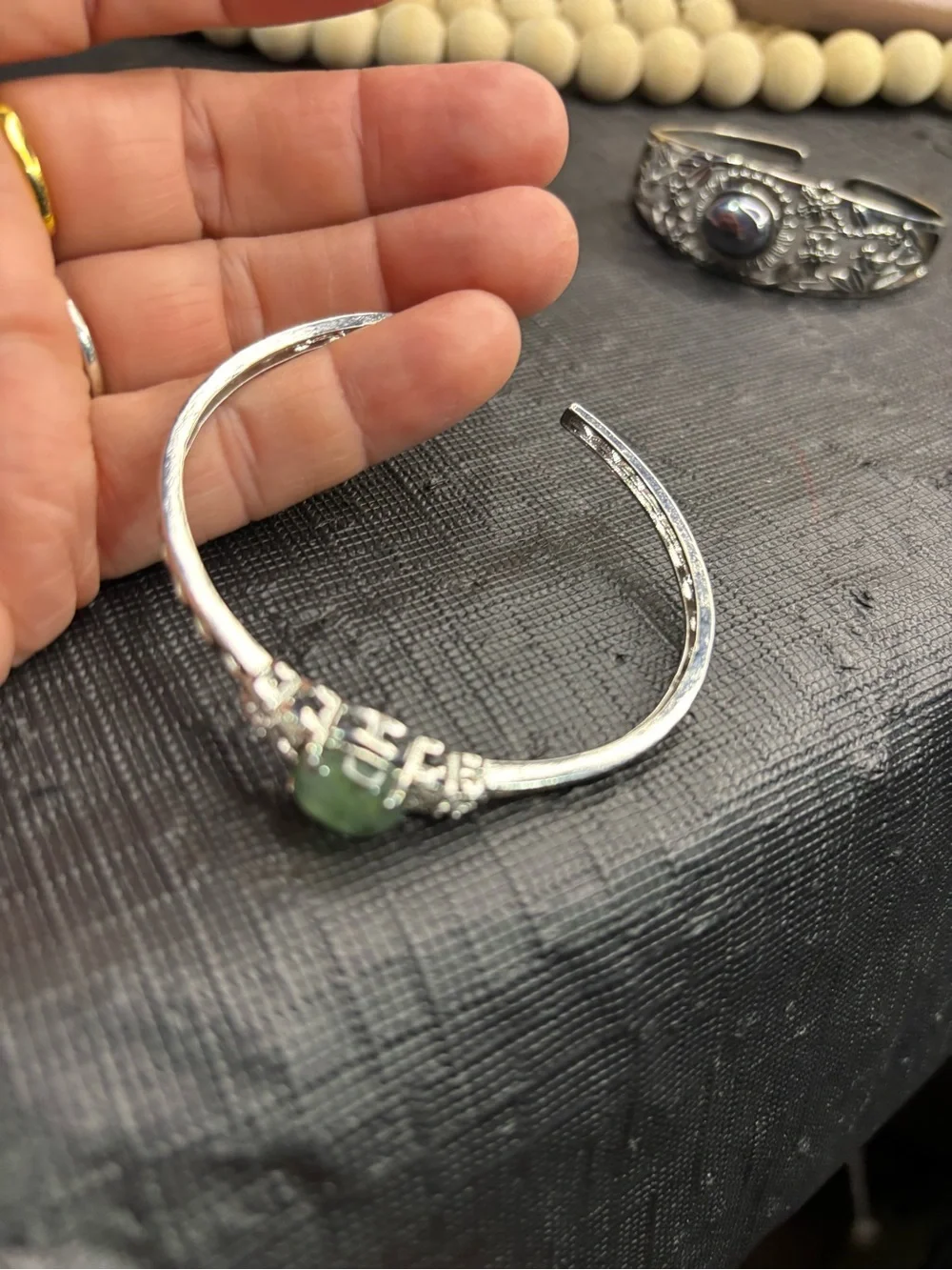 Sterling Silver Green Gemstone Filigree Bracelet - Unbranded